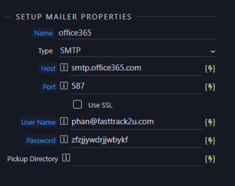 Office365 SMTP Mailer Properties