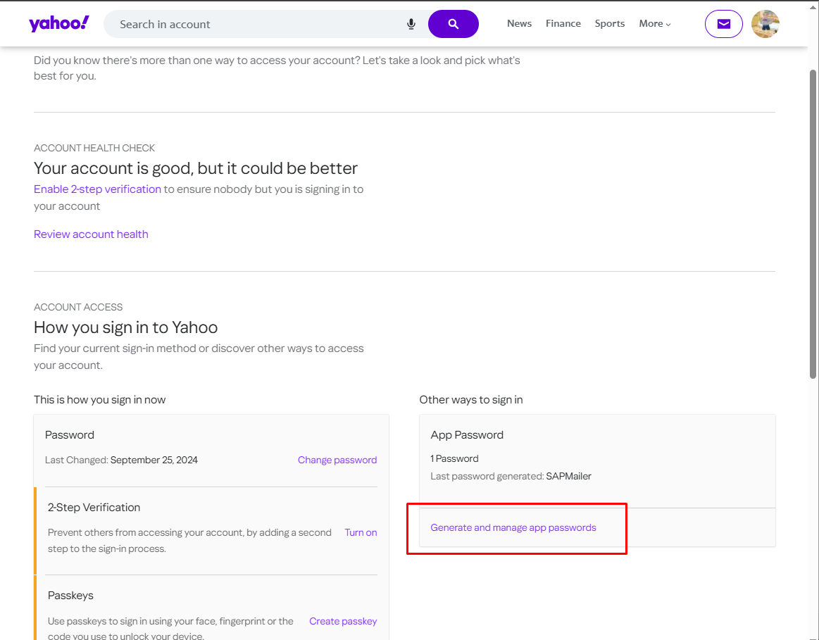 Yahoo setup step 1