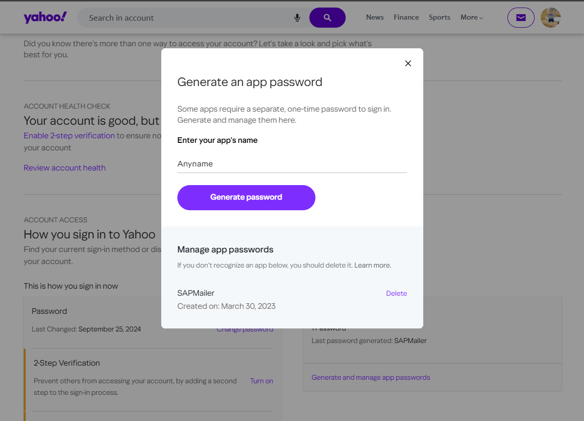 Yahoo setup step 2